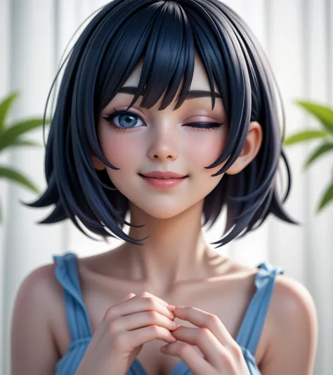 <lora:LCM_LoRA_Weights_SD15:0.7>, masterpiece, best quality, a woman, short hair, inverted bob, straight hair, with a blue and white dress and a plant in the background with a white curtain behind her, a photocopy, seductive smile, one eye closed, smile, closed mouth, heart hands,