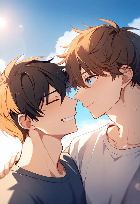 2boys, multiple boys, yaoi, looking at another, hand on another's shoulder, smile, short hair, black hair, closed eyes, brown hair, blue eyes, shirt, lens flare, sky, cloud, blue sky, sweat, best quality, amazing quality, best aesthetic, absurdres, year 2023