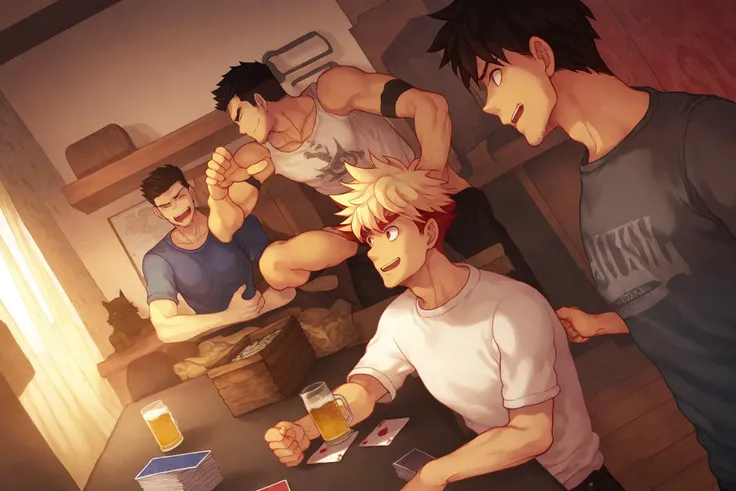 Best aesthetic, official_art, friends, wallpaper, original, highres, artist_mikkoukun, artist_asura_(asurauser), artist_hungry_clicker, copyright_chainsaw_man, cinematic angle, 6+boys, in circle, manly, frat boys, drunk, stubble, slim, fraternity t-shirt, party, playing cards, partial nudity, messy room, clutter, beer, cheery atmosphere,<lora:EMS-18719-EMS:0.900000>