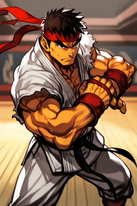 Best aesthetic, official_art, Explicit, artist_hungry_clicker, artist_kukumomo, artist_asura_(asurauser), copyright_street_fighter, character_ryu_(street_fighter):1.2, standing, dojo, regular clothes, fighting pose, sweaty, glossy skin, proud smile, girl,<lora:EMS-18719-EMS:0.800000>