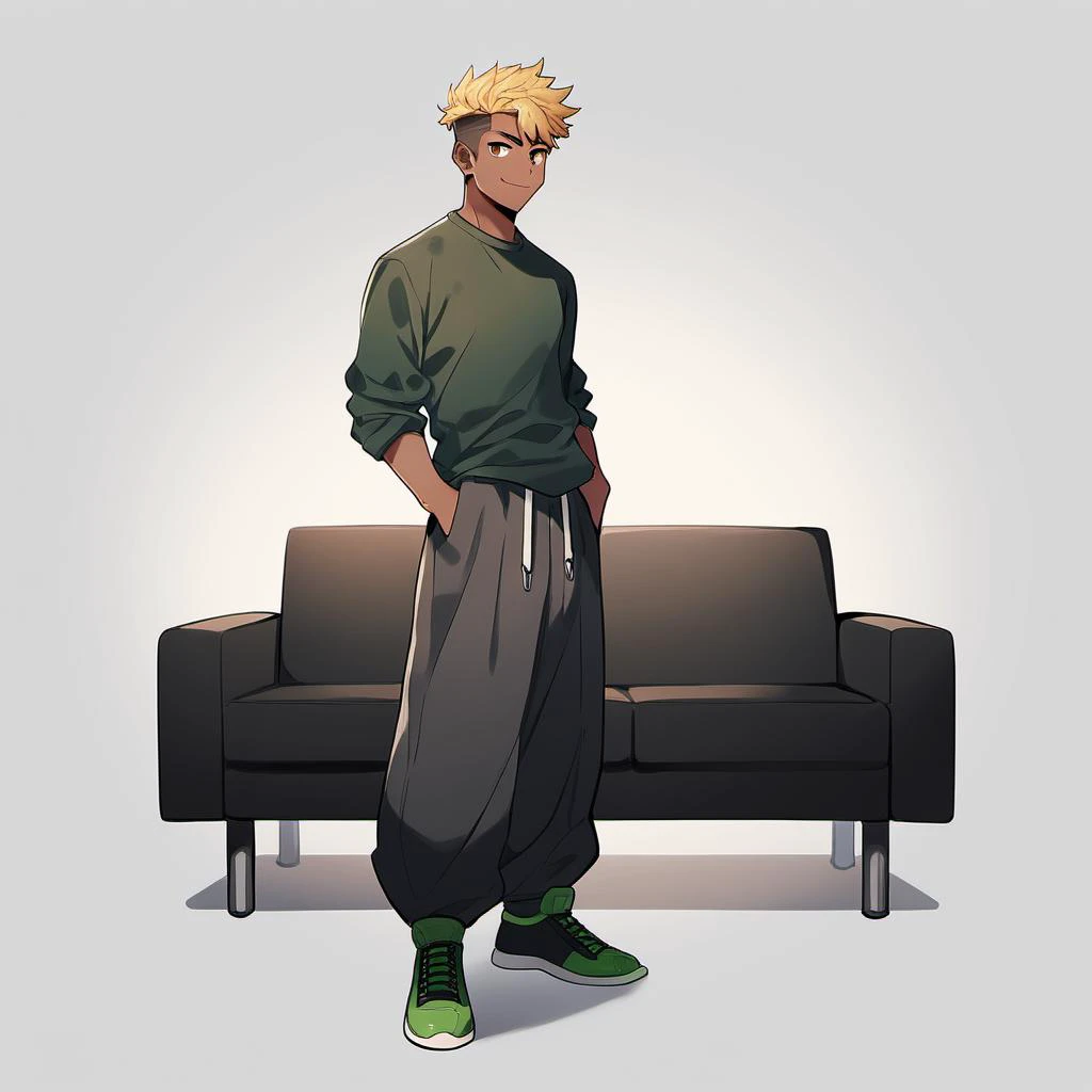 1boy, twink, dark skin, bulge, smile, standing,
undercut, (toned:1.1), blonde, simple dark green shirt,ikea black sofa, two-seat sofa, baggy pants, dark gray pants, green skater shoes,
full body, handsome, brown eyes, white background, simple background, best quality, great aesthetic, absurdres