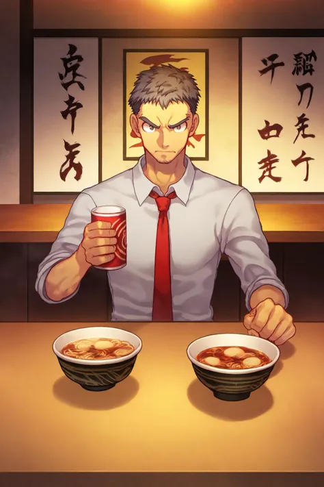 Best aesthetic, official_art, Explicit, artist_mikkoukun, artist_asura_(asurauser), artist_hungry_clicker, copyright_persona_4, character_doujima_ryoutarou, sitting, clutter, hand body, glossy skin, light gray shirt, red tie, black pants, black shoes, eating ramen, bowl, beer, japanese bar, counter, detailed background,<lora:EMS-18719-EMS:0.800000>