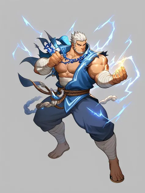 by zelo-lee,(yasuo \(league of legends\):1),(soriz_(granblue_fantasy):0.6),dynamic pose,fighting stance,character _design,concept art,1guy,bara,muscular male,stubble,male focus,solo,best quality,amazing quality,best aesthetic,absurdres,year 2023,<lora:add-detail-xl:1>,<lora:PE_AnimeBG:1>,<lora:colorful_sdxl_v2_lbw:1>,full body,<lora:mengnan.:1>,1boy,male focus,solo,muscular,facial hair,muscular male,beard,bara,pectorals,full body,bandages,scar,smile,mature male,pants,short hair,white hair,scar on face,amazing shading,soft lighting,Detailed Illustration,official artwork,anime style,wallpaper,official art,cleric,bandaged arm,looking at viewer,sarashi,torn clothes,old man,pectoral cleavage,standing,old,large pectorals,belt,veins,<lora:lora-000002:1>,<lora:å½é£æç»SDXL:1>,((lightning in hand)),lightning surrounds,(((lightning chain))),. digital artwork,illustrative,painterly,matte painting,highly detailed,