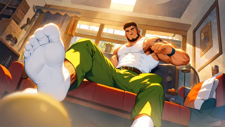 by zelo-lee,male focus,bara,foreshortening,short hair,facial hair,foot focus,undercut,muscular male,muscular,tank top,pectorals,white tank top,pants,green pants,feet,socks,large pectorals,smile,soles,1boy,yellow pants,solo,from below,beard,brown hair,sitting,mature male,indoors,sideburns,bulge,window,goatee,no shoes,belt,sunlight,tattoo,sidepec,couch,best aesthetic,absurdres,year 2023,full body,digital artwork,illustrative,painterly,matte painting,highly detailed,<lora:Anime Summer Days Style SDXL_LoRA_Pony Diffusion V6 XL:0.6>,<lora:colorful_sdxl_v2_lbw:1>,<lora:PE_AnimeBG:1>,<lora:add-detail-xl:1>,<lora:lora-000002:1>,<lora:mengnan.:1:lbw=1,1,1,1,1,0,0,0,1,1,1,1>,<lora:RMSDXL_Enhance:1>,