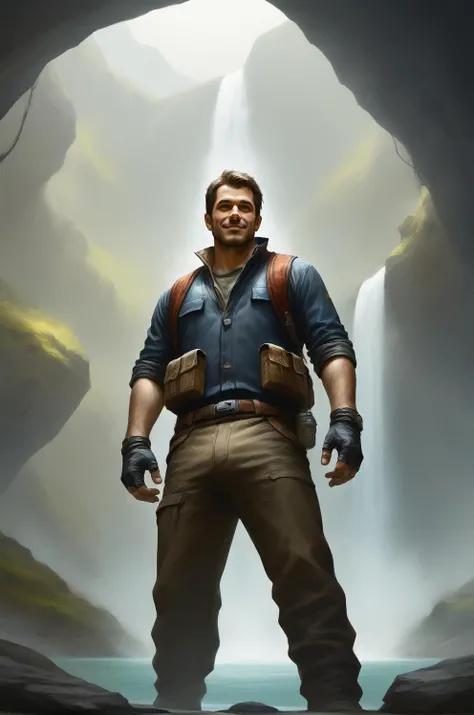 Best aesthetic, official_art, illustration, original, good hands, 5 fingers, HDR, detailed, promotional art, very nsfw, realistic, BREAK, (Nathan Drake:1.2, stubble, facial hair, homoerotic, explorer clothes, pov, offering hand), cowboy shot, low angle, closeup, from below, BREAK, 1boy, standing on rock, posing, detailed bulge, smile, sweating, pinup, BREAK, beautiful scenary, waterfall, mountains, best quality, amazing quality, best aesthetic, absurdres, year 2023,<lora:EMS-293563-EMS:1.000000>