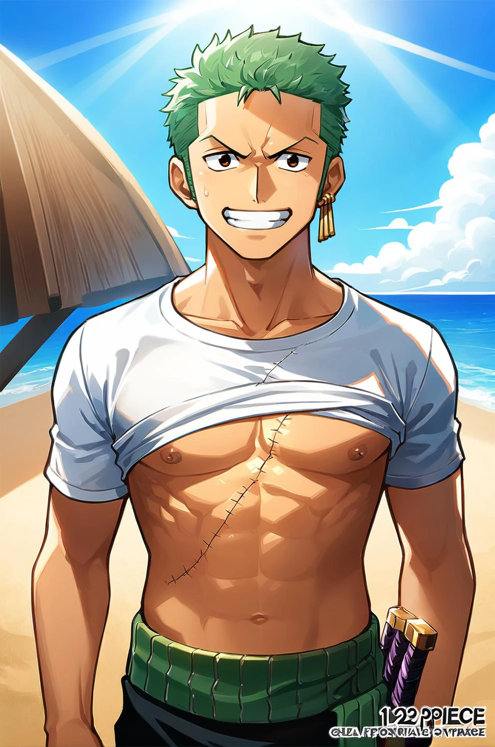 Best aesthetic, official_art, illustration, promotional art, very nsfw, BREAK, (roronoa zoro:1.2, one piece, ) BREAK, 1boy, cowboy shot, front view, sweating, shirt_lift:1.2, detailed nipples, glossy skin, happy trail, smile, sunrays, beach, detailed background, best quality, amazing quality, best aesthetic, absurdres, year 2023,<lora:EMS-271963-EMS:0.800000>