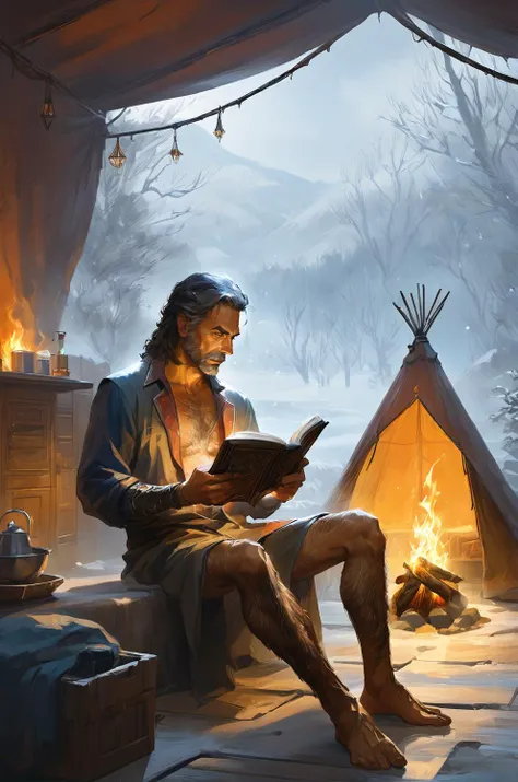 Best aesthetic, official_art, illustration, original, indoors, bathroom, promotional art, very nsfw, BREAK, (gale (baldur's gate) :1.2, baldur's gate 3, ) BREAK, 1boy, cowboy shot, legs spread, sitting, reading, bare pectorals, hairy, cozy, camping, tent, detailed background, best quality, amazing quality, best aesthetic, absurdres, year 2023,<lora:EMS-293563-EMS:1.000000>