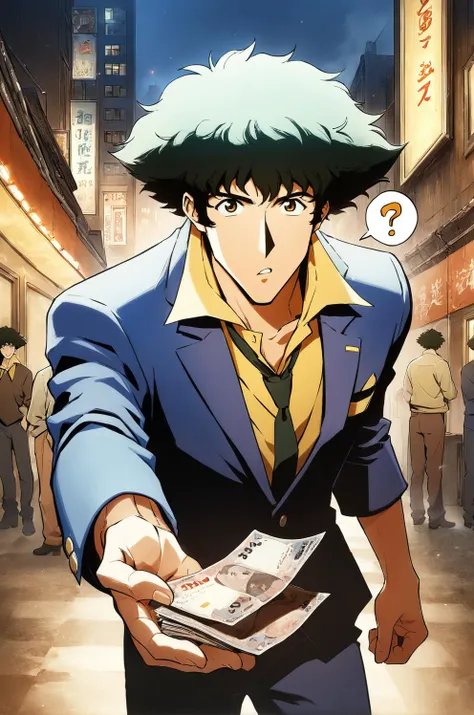 Best aesthetic, official_art, illustration, original, indoors, bathroom, promotional art, very nsfw, BREAK, (spike spiegel:1.2, cowboy bebop, pov hands:1.2 (holding money:1.2)), cowboy shot, closeup, pov, BREAK, offering hand, looking at viewer, :o, confused, spoken ?, cocky smile, night, city, (smoking, smoke), standing, yellow shirt, blue jacket, street, detailed background, best quality, amazing quality, best aesthetic, absurdres, year 2023,<lora:EMS-286511-EMS:1.000000>