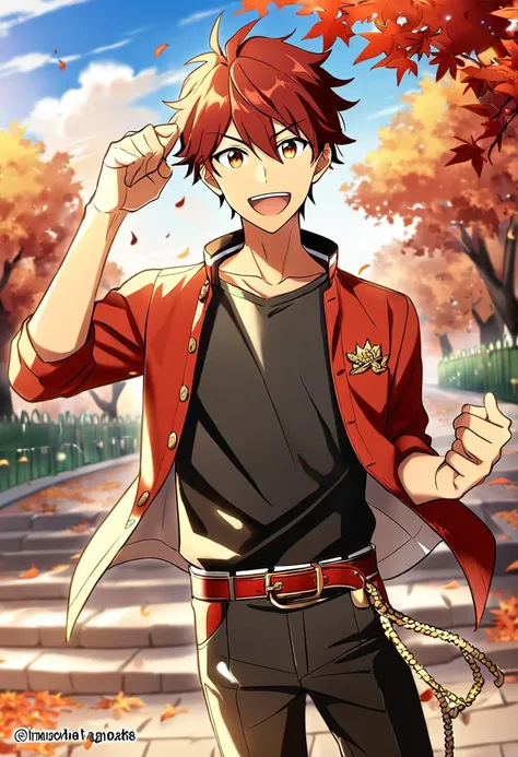 1boy, male focus, morisawa chiaki, ensemble stars!, solo, muscular male, best quality, amazing quality, best aesthetic, absurdres, smile, looking at viewer, autumn autumn leaves, :d, official style, year 2023,