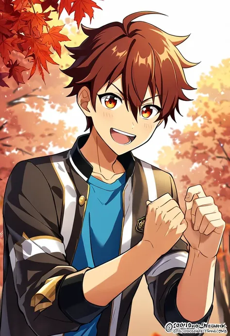 1boy, male focus, morisawa chiaki, ensemble stars!, solo, muscular male, best quality, amazing quality, best aesthetic, absurdres, smile, looking at viewer, autumn autumn leaves, :d, official style, year 2023,
