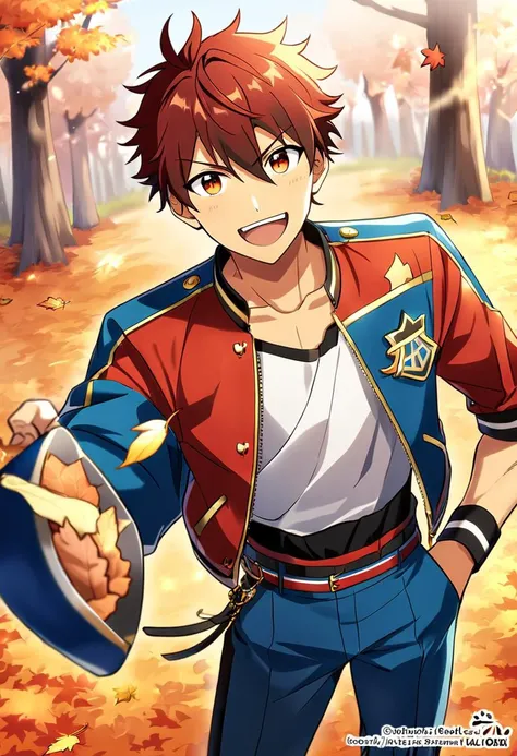 1boy, male focus, morisawa chiaki, ensemble stars!, solo, muscular male, best quality, amazing quality, best aesthetic, absurdres, smile, looking at viewer, autumn autumn leaves, :d, official style, year 2023,