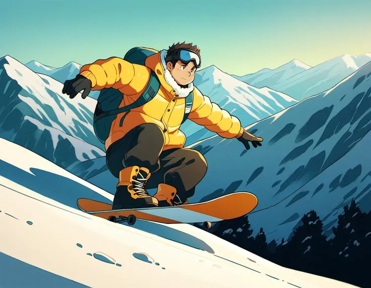 ((1male, solo, male focus, confident, snowboarding in air, Indy Grab, acrobatic)), (chubby:1.2), (bara:1.4), (stocky), ((snow jacket, woolen muffler, goggles on eyes, boots, snowboard)), short hair, crew cut, (cool, awesome), snow mountain background, best quality, ((flat anime, cartoon, masterpiece, best aesthetic, absurdres, highly detailed)), soft shaded<lora:EMS-387212-EMS:0.400000>