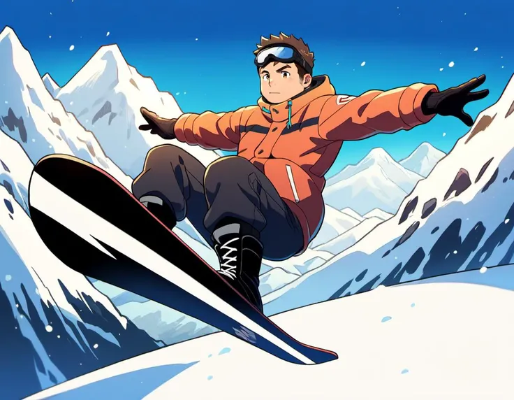 ((1male, solo, male focus, confident, snowskating, flying in air, Indy Grab)), (chubby:1.2), (bara:1.4), (stocky), ((snow jacket, muffler, goggles, boots, snowboard)), short hair, crew cut, (cool, awesome), snow mountain background, best quality, ((flat anime, cartoon, masterpiece, best aesthetic, absurdres, highly detailed)), soft shaded<lora:EMS-387212-EMS:0.400000>