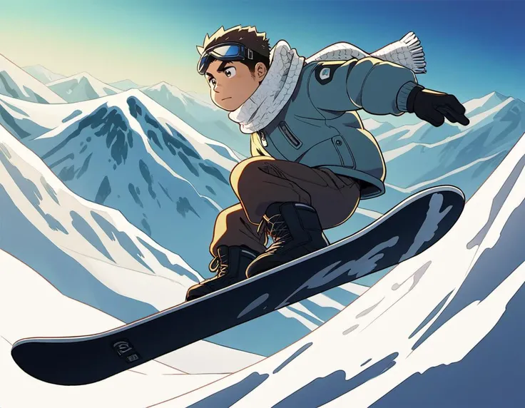 ((1male, solo, male focus, confident, snowboarding in air, Indy Grab, acrobatic)), (chubby:1.2), (bara:1.4), (stocky), ((snow jacket, woolen scarf, goggles down, boots, snowboard)), short hair, crew cut, (cool, awesome), snow mountain background, best quality, ((flat anime, cartoon, masterpiece, best aesthetic, absurdres, highly detailed)), soft shaded<lora:EMS-387212-EMS:0.400000>