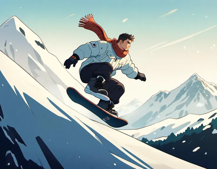 ((1male, solo, male focus, confident, snowboarding in air, stalefish grab)), (chubby:1.2), (bara:1.4), (stocky), ((snow jacket, woolen scarf, goggles down, boots, snowboard)), short hair, crew cut, (cool, awesome), snow mountain background, best quality, ((flat anime, cartoon, masterpiece, best aesthetic, absurdres, highly detailed)), soft shaded<lora:EMS-387212-EMS:0.400000>
