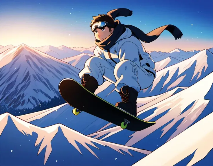 ((1male, solo, male focus, confident, snowboarding in air, Indy Grab, acrobatic)), (chubby:1.2), (bara:1.4), (stocky), ((snow jacket, woolen scarf, goggles on eyes, boots, snowboard)), short hair, crew cut, (cool, awesome), snow mountain background, best quality, ((flat anime, cartoon, masterpiece, best aesthetic, absurdres, highly detailed)), soft shaded<lora:EMS-387212-EMS:0.400000>