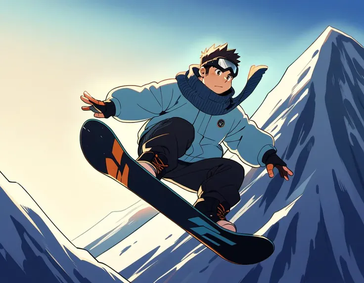 ((1male, solo, male focus, confident, snowboarding in air, Indy Grab, acrobatic)), (chubby:1.2), (bara:1.4), (stocky), ((snow jacket, woolen scarf, goggles down, boots, snowboard)), short hair, crew cut, (cool, awesome), snow mountain background, best quality, ((flat anime, cartoon, masterpiece, best aesthetic, absurdres, highly detailed)), soft shaded<lora:EMS-387212-EMS:0.400000>