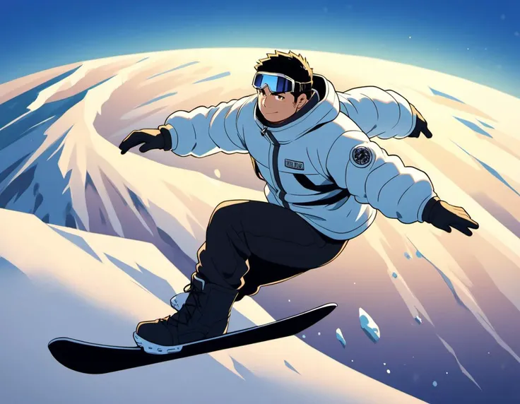 ((1male, solo, male focus, confident, snowskating, flying in air, Indy Grab)), (chubby:1.2), (bara:1.4), (stocky), ((snow jacket, muffler, wearing goggles, boots, snowboard)), short hair, crew cut, (cool, awesome), snow mountain background, best quality, ((flat anime, cartoon, masterpiece, best aesthetic, absurdres, highly detailed)), soft shaded<lora:EMS-387212-EMS:0.400000>