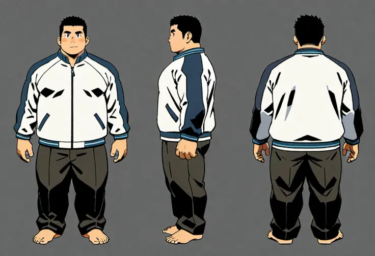 ((1boy, solo, male focus, confident, open hands, character turnaround, character design, reference sheet, three-side view, (from front, from side, from behind))), (chubby:1.0), (bara:1.4), (stocky, (standing idle), ((school uniform, sportswear jacket, long trousers, barefoot)), short hair, crew cut, ((full body)), (cool, awesome), (round face), solid background, (best quality, anime, masterpiece, best aesthetic, absurdres), (flat color:0.3)<lora:EMS-387212-EMS:0.300000>, <lora:EMS-349354-EMS:0.400000>