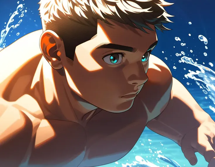 masterpiece, best quality, 4k, ((1male, solo, male focus, confident, diving in air)), (chubby:1.0, bara:1.4, stocky), ((topless, trunks, barefoot, water splash)), short hair, crew cut, (close up), (cool, awesome), ocean background, best quality, ((flat anime, cartoon, masterpiece, best aesthetic, absurdres, highly detailed)), soft shaded, crisp, clarity, high-definition, ultra-sharp, vivid, luminous, realistic, photorealistic, accurate, with subtle texture and reflections, dramatic lighting, and intricate details.