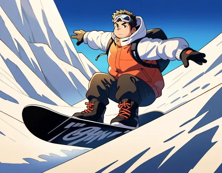 ((1male, solo, male focus, confident, snowboarding in air, Indy Grab, acrobatic)), (chubby:1.2), (bara:1.4), (stocky), ((snow jacket, woolen muffler, goggles on eyes, boots, snowboard)), short hair, crew cut, (cool, awesome), snow mountain background, best quality, ((flat anime, cartoon, masterpiece, best aesthetic, absurdres, highly detailed)), soft shaded<lora:EMS-387212-EMS:0.400000>