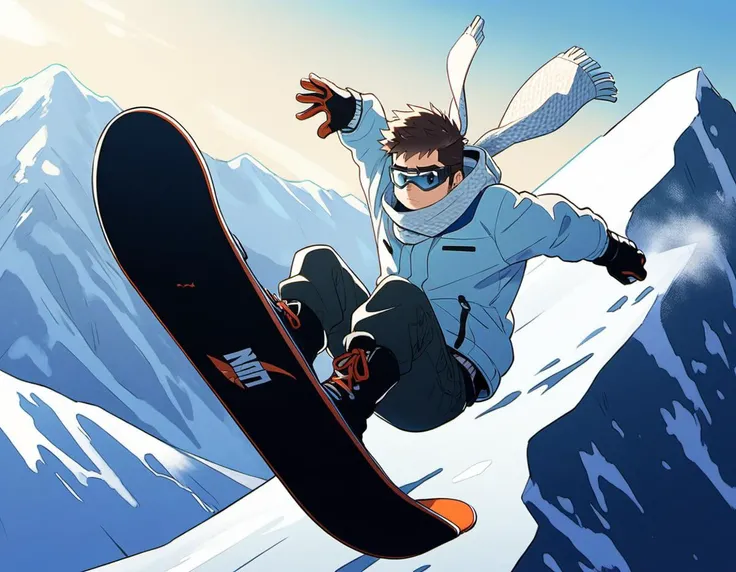 ((1male, solo, male focus, confident, snowboarding in air, Indy Grab, acrobatic)), (chubby:1.2), (bara:1.4), (stocky), ((snow jacket, woolen scarf, goggles down, boots, snowboard)), short hair, crew cut, (cool, awesome), snow mountain background, best quality, ((flat anime, cartoon, masterpiece, best aesthetic, absurdres, highly detailed)), soft shaded<lora:EMS-387212-EMS:0.400000>