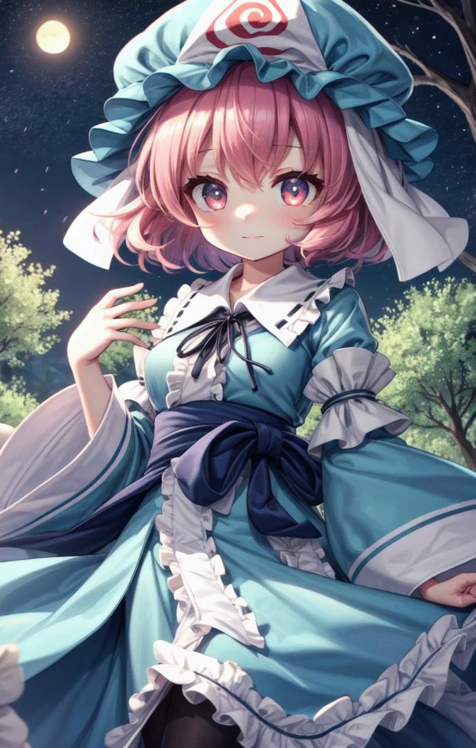 1 girl,cute,(looking at viewer:1.0), adorabel girl,cute face,details sky,handsome,young,juvenile,((masterpiece:1.4,best quality)),multiple details,eyeshadow,sfw, (medium shot:1.5),
gradiant eyes, hazel eyes, (long black lycra pantyhose:1)
lora:add_detail:0.8>, <lora:more_details:0.4>, forest, (night:1.2), frosted trees,
<lora:眼睛双_2:0.4>, <lora:yuyuko:0.8>, saigyouji yuyuko