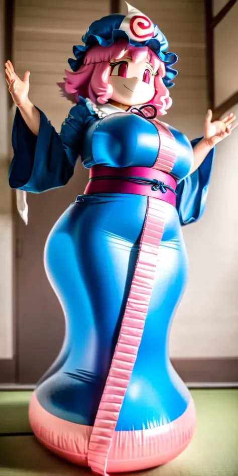 a latex pvc inflatable balloon <lora:inflated:2> (curvy:1.5) <lora:yuyuko:1> (pooltoy blowup:1) <lora:Bloonzv3-000025:1.2>,saigyouji yuyuko, hat, pink hair, triangular headpiece, pink eyes, short hair, japanese clothes, wide sleeves,smile, (dress:1.5), ribbon, (obi:1.5),long sleeves,feet,
BREAK
(white background, simple background, full body:1),(gigantic breasts:1.5),dramatic lighting, (made of inflatable,living inflatable,inflatable skin:1.4)