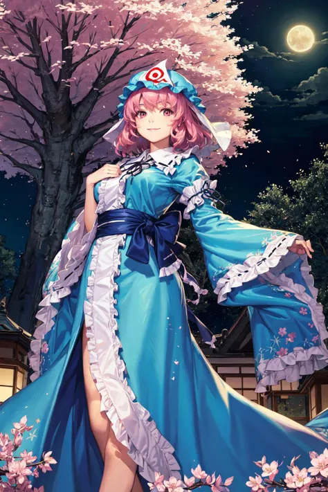 (masterpiece, top quality, best quality, official art, beautiful and aesthetic:1.2), extreme detailed, colorful,highest detailed,illustrations, fantastical scenes,
1girl, solo, saigyouji yuyuko, butterfly, bug, moon, hat, full moon, pink hair, triangular headpiece, night, pink eyes, short hair, tree, japanese clothes, sash, sky, wide sleeves, smile, dress, ribbon, tabi, obi, long sleeves, night sky, cherry blossom, dancing<lora:yuyuko:0.9>