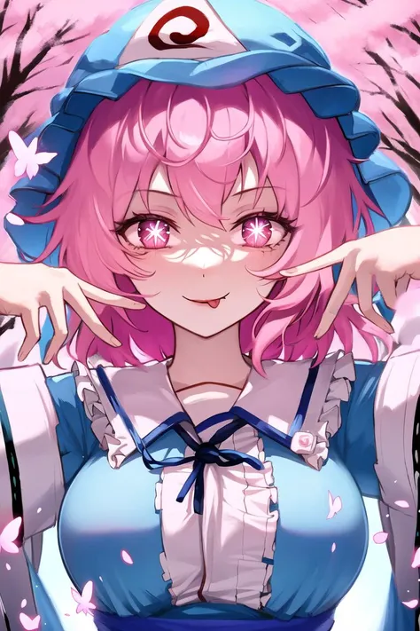 masterpiece,best quality,illustration,ultra-detailed,finely detail,cinematic lighting,best shadow,intricate detail,highres, high resolution,finely detail,looking at viewers,upper body,
<lora:yuyuko:0.3:1,1,1,1,1,0,0,0,1,1,1,1,1,1,1,0,0>,1girl,facing to the side, (Saigyouji Yuyuko),(solo:1.2),(mob cap),pink hair,beautiful hair,beautiful and detailed pink eyes,long eyelashes,ultra-detailed skin,
meidum breasts,Goddess's beautiful face,slender waist,
<lora:Hoshino Ai's Pose:1>,ai's pose, double v,:p, symbol-shaped pupils,<lora:GoodHands-vanilla:1>,nice hands, perfect hands,
flying butterfly,a lot of light butterfly,growing butterfly,Purple and pink rays,cherry blossoms,
(BARE TREE:1.2) ,