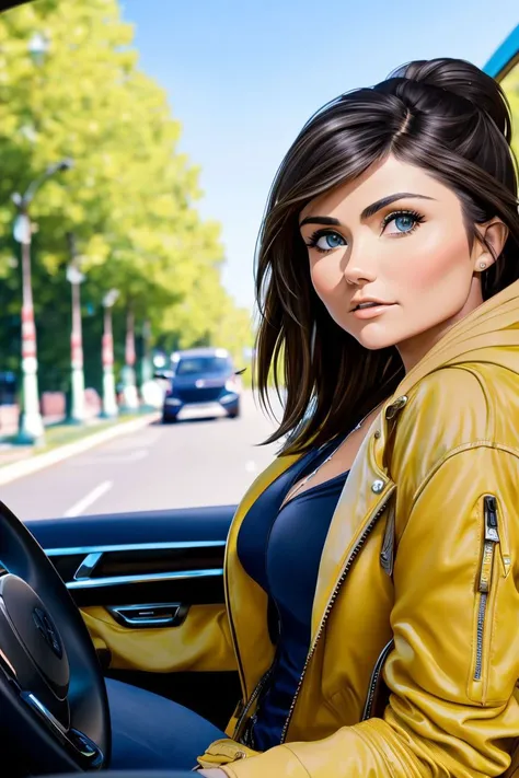 a photo of a hot S023_AdriaRae, sitting in a (car:1.2), wearing a (jacket:1.2), (8k, RAW photo, best quality, ultra high res, photorealistic, masterpiece, ultra-detailed, Unreal Engine)