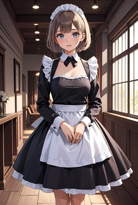 (masterpiece, best quality), 1girl, Capri Tousled Pixie Cut with Side Bangs, Sizes M to Z breasts, <lora:Leather_Maid_Dress_By_Stable_Yogi:0.8> leather maid dress