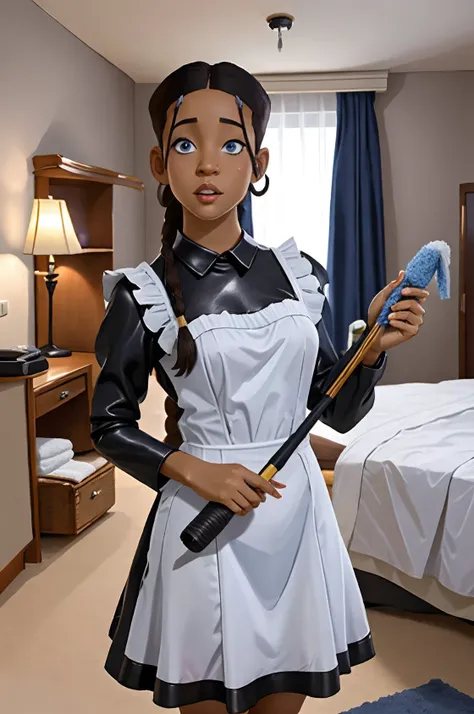 <lora:k3t3r3:0.8> k3t3r3, dark-skinned female, single_braid, low ponytail
 <lora:Leather_Maid_Dress_By_Stable_Yogi:0.8>  leather maid dress, dark blue colors, blue eyes, holding duster
cleaning hotel room