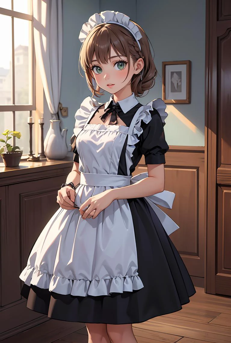 (masterpiece, best quality), 1girl, Moss green French Braid with Hair Chain, small breasts, <lora:Leather_Maid_Dress_By_Stable_Yogi:0.8> leather maid dress