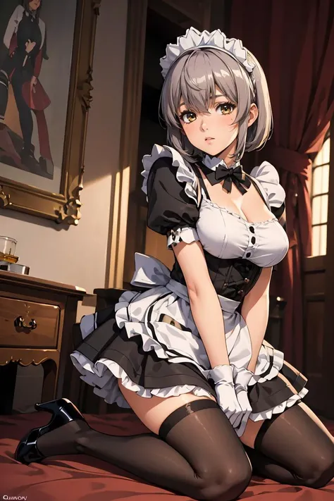 masterpiece, best quality, ultra-detailed, 8k, anime art style, illustration, 1girl, cowboy shot, looking at viewer, puffy lips, maid, maid apron, maid headdress, long sleeves, lace trim, frills, thighhighs, bow tie, indoors, mansion, small breasts, silver hair, (single braid), (heterochromia eyes), european architecture, detailed background, extremely detailed, beautiful face, beautiful eyes, perfect hands, perfect anatomy, dynamic angle