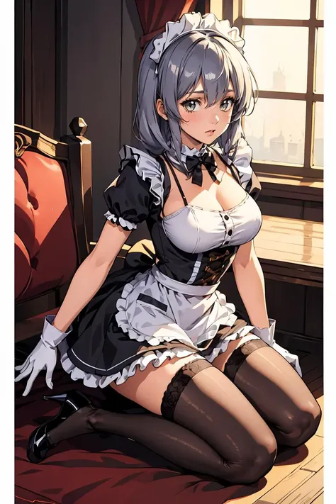 (masterpiece, best quality), 1girl, Amber Retro Victory Rolls, Size B breasts, <lora:Maid_X23_By_Stable_yogi:0.8> maid headdress, maid outfit, black gloves, black thighhighs, high heels