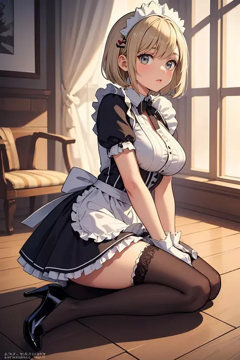 (masterpiece, best quality), 1girl, Ash Blonde Curly Bob with Side Part, Sizes M to Z breasts,   <lora:Maid_X23_By_Stable_yogi:0.8> maid headdress, maid outfit, black gloves, black thighhighs, high heels