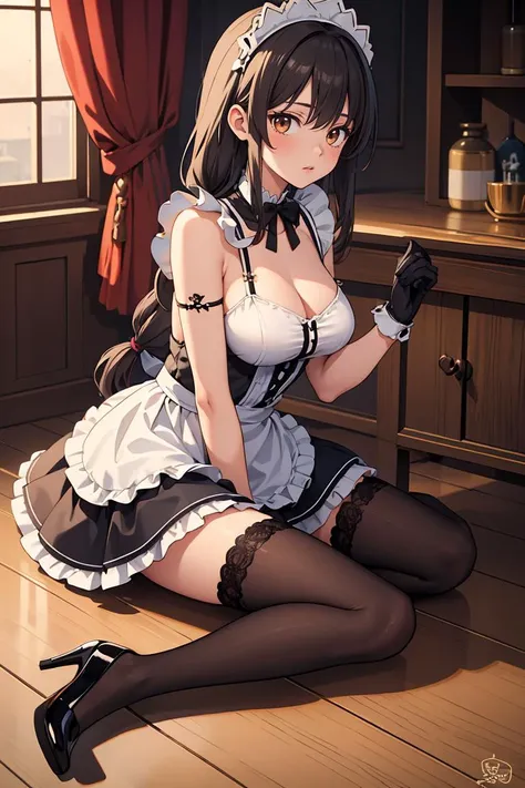 Painted smoky makeup, eye shadow, maid girl, silky hair, wearing hair accessories and earrings, sweet smile. She wore a maid skirt, white stockings on her feet, and lace gloves. She squatted and spread her legs. The scene is random.