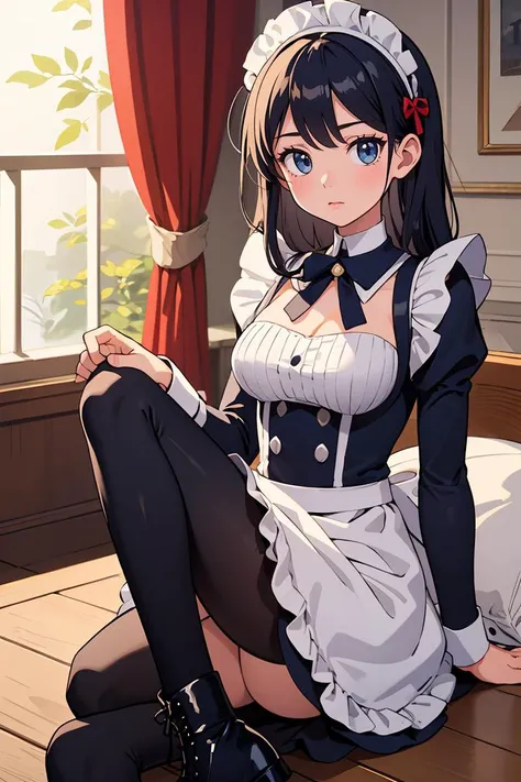 (masterpiece, best quality), 1girl, Navy blue Long Layered Hair, Size H breasts, <lora:Black_Maid_By_Stable_Yogi:0.8> maid dress, long sleeves, black leggings, black boots, lace trim, maid headdress