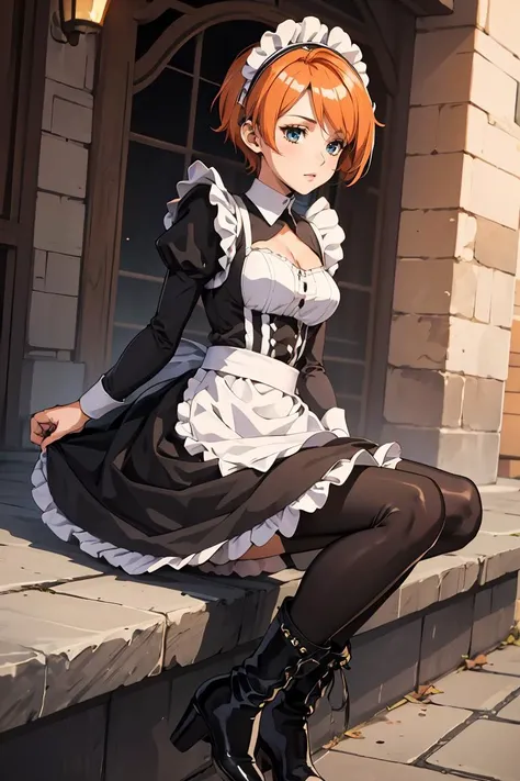 (masterpiece, best quality), 1girl, Orange Short Spiky Hair with Tapered Sides, medium breasts, <lora:Black_Maid_By_Stable_Yogi:0.8> maid dress, long sleeves, black leggings, black boots, lace trim, maid headdress