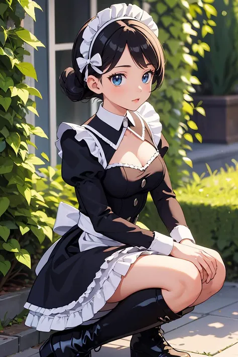 (masterpiece, best quality), 1girl, Ivory Classic Ivy League Haircut with, Size DD breasts, <lora:Black_Maid_By_Stable_Yogi:0.8> maid dress, long sleeves, black leggings, black boots, lace trim, maid headdress