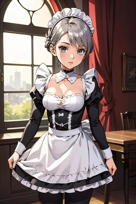 (masterpiece, best quality), 1girl, Platinum Gray Classic Brushed Up Hair, tiny breasts, <lora:Black_Maid_By_Stable_Yogi:0.8> maid dress, long sleeves, black leggings, black boots, lace trim, maid headdress