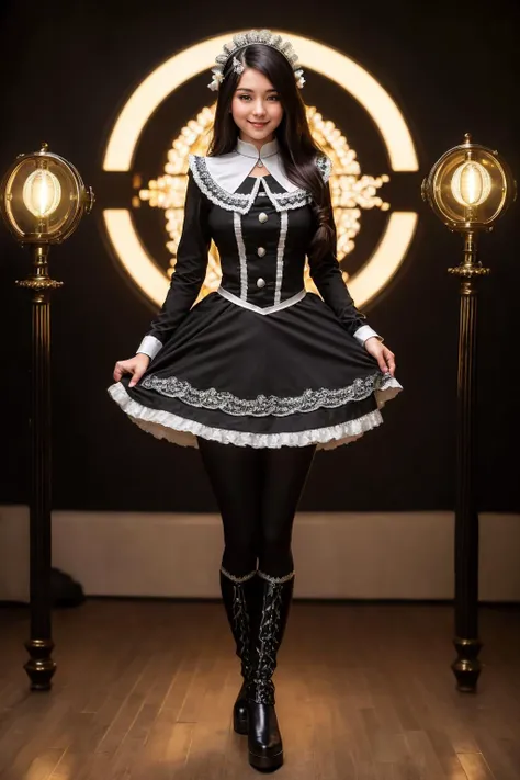 ((Masterpiece, best quality, cinematic lighting, 8k, full body shot, long hair)),(smile:0.85),(realistic background),
<lora:Black_Maid_By_Stable_Yogi:1>, maid dress,long sleeves,black leggings,black boots,lace trim,maid headdress,