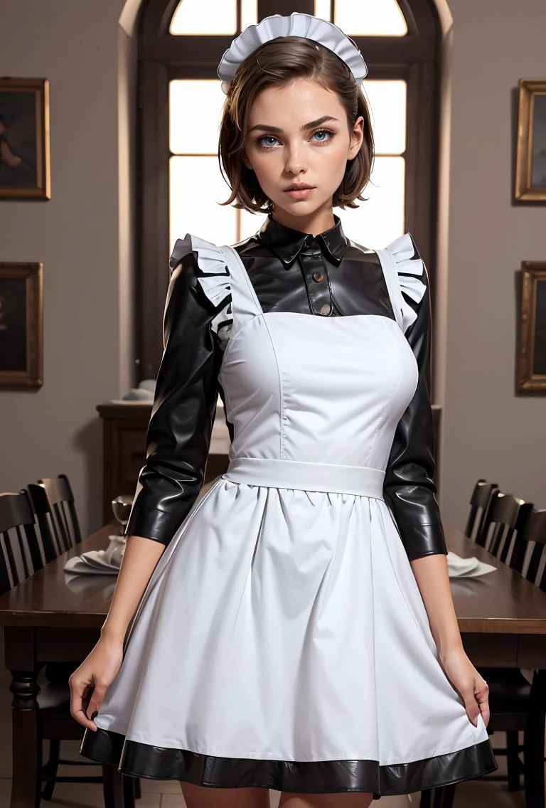 (masterpiece, best quality), 1girl, Alabaster Tousled Top with Taper Fade, medium breasts, <lora:Leather_Maid_Dress_By_Stable_Yogi:0.8> leather maid dress