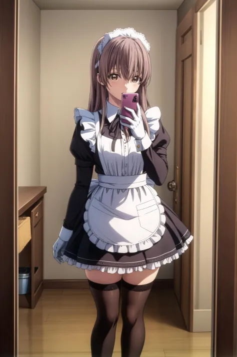(masterpiece, best quality), <lora:shouko nishimiya-lora-Faxtron:0.7> shouko nishimiya, brown eyes, light brown hair, long hair, <lora:Maid_X23_By_Stable_yogi:0.8> maid headdress, maid outfit, black gloves, black thighhighs, high heels, <lora:MirrorSelfieLora:0.8> mirror selfie, holding phone,
<lora:add_detail:0.8>,