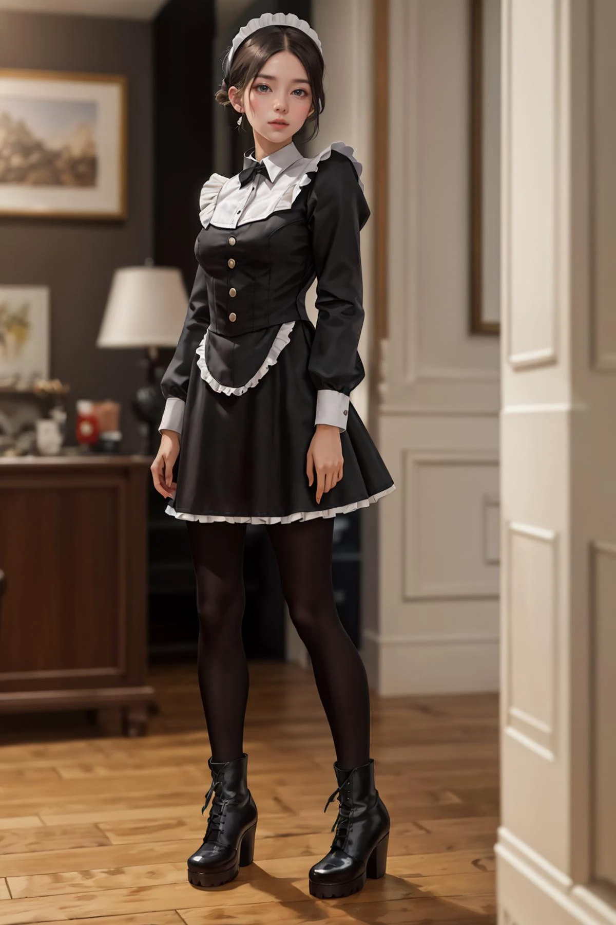 8K,highres,absurdres,masterpiece,best quality,original,extremely detailed CG,extremely detailed wallpaper,perfect lighting,<lyco:GoodHands-beta2:1>,1girl,blurry background,looking at viewer,standing on the stage,
<lora:Black_Maid_By_Stable_Yogi:0.7>, maid dress,long sleeves,black leggings,black boots,lace trim,maid headdress,