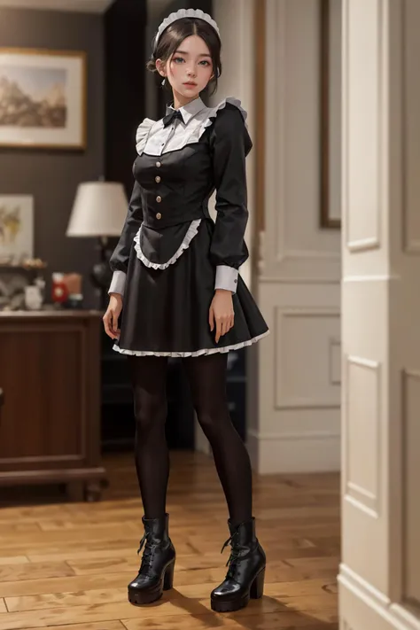 8K,highres,absurdres,masterpiece,best quality,original,extremely detailed CG,extremely detailed wallpaper,perfect lighting,<lyco:GoodHands-beta2:1>,1girl,blurry background,looking at viewer,standing on the stage,
<lora:Black_Maid_By_Stable_Yogi:0.7>, maid dress,long sleeves,black leggings,black boots,lace trim,maid headdress,
