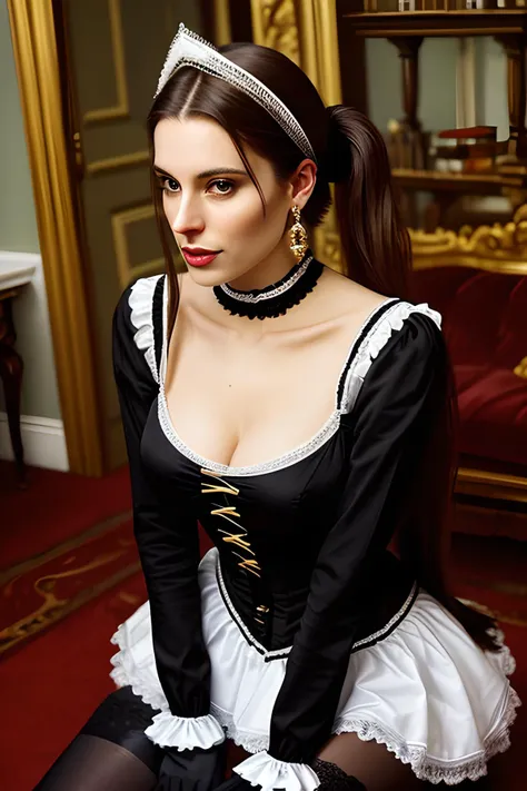 Photo of a beautiful British woman, age 24 with long brunette hair in a ponytail, earrings, in a Victorian mansion , wearing maid headdress, maid outfit, black gloves, black thighhighs, high heels <lora:breastsizeslideroffset:-.1> <lora:Maid_X23_By_Stable_yogi:0.8>