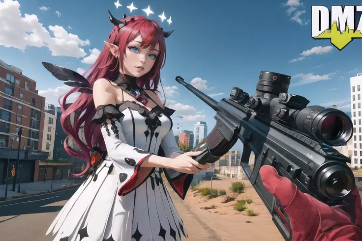 Highly detailed, High Quality, Masterpiece, beautiful, FPSThumbnail, <lora:FPSThumbnail:1>, ground vehicle, motor vehicle, building, IrysBase, heterochromia, long hair, white dress, bare shoulders, white dress, flower, detached sleeves, halo, detached wings, <lora:Char_VTuber_IRys:0.9>, sniper, pov