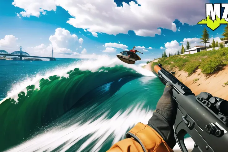 Highly detailed, High Quality, Masterpiece, beautiful, FPSThumbnail, <lora:FPSThumbnail:1>, ground vehicle, motor vehicle, building, surfing, waves, <lora:Pos_Surfing:0.8>